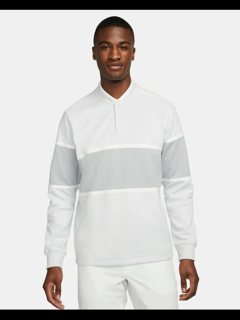 Nike White Long-Sleeve Polo with Light Gray Stripe
